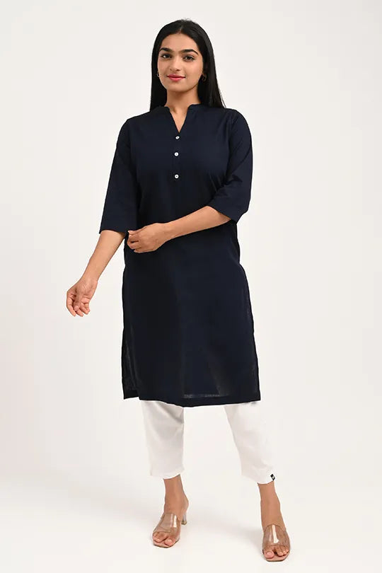 ADDAXPLAY Stain proof Navy Blue Cotton Kurti 