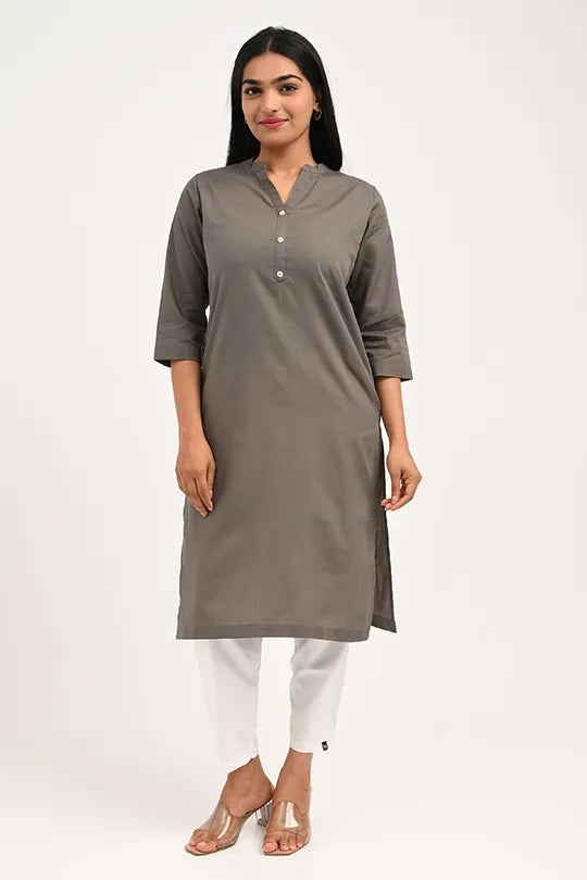 Stain-proof dark grey cotton kurti front view, Model wearing dark grey spill-proof kurti.