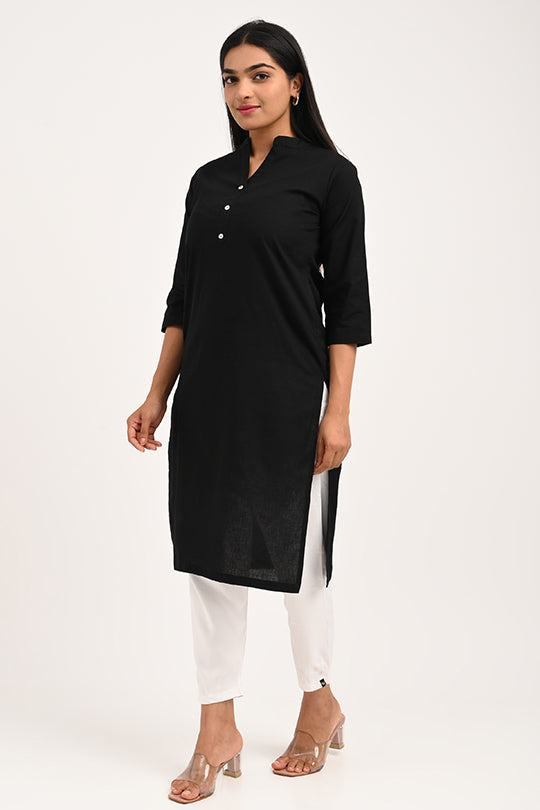 Classic black stain-proof cotton kurti, Woman in black water-repellent kurti.