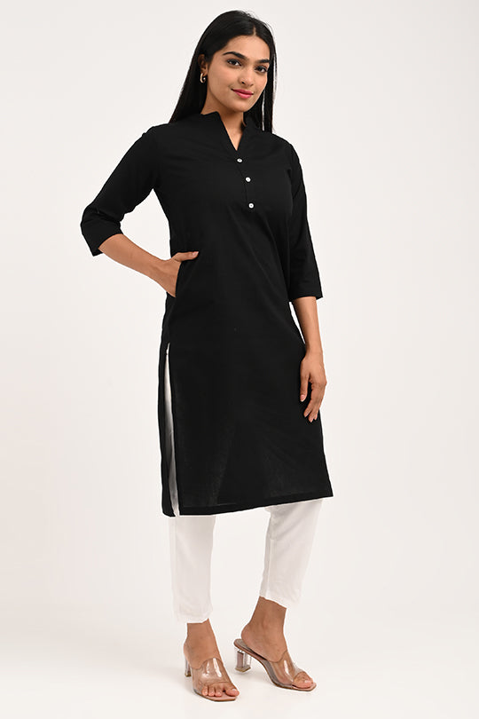 Classic black stain-proof cotton kurti, Woman in black water-repellent kurti.