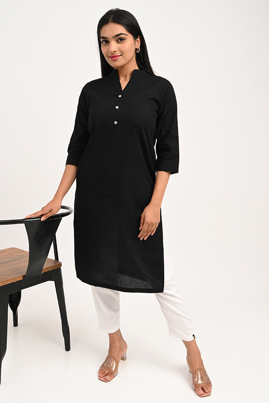 Classic black stain-proof cotton kurti, Woman in black water-repellent kurti.
