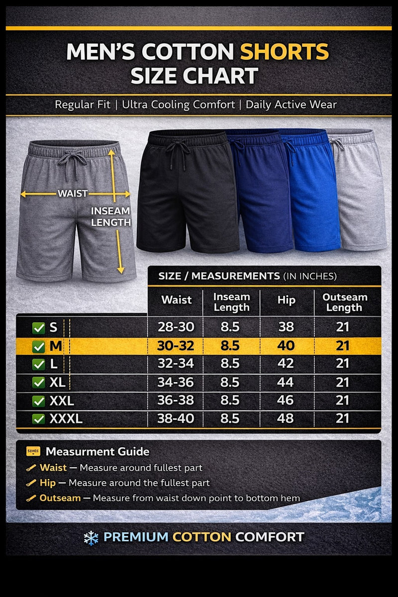 Size Chart for Men’s Premium Cotton Shorts