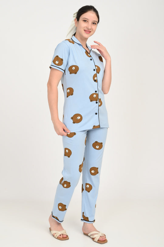 Anti Stain Cotton Light Blue Pyjama-V2 Set