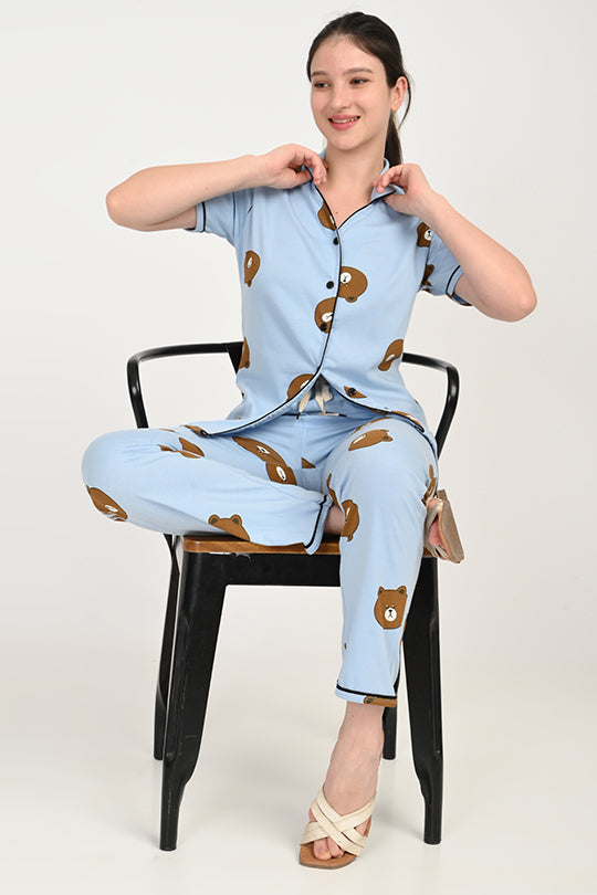 Anti Stain Cotton Light Blue Pyjama-V2 Set