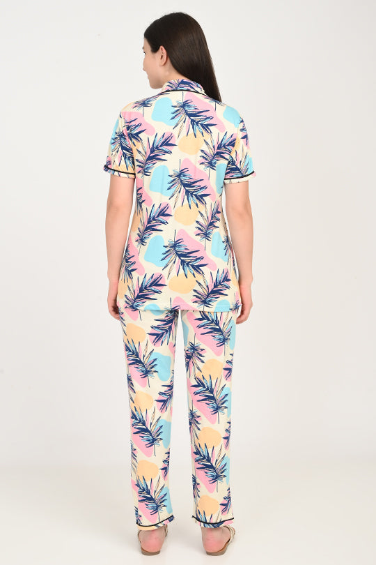 Anti Stain Cotton Leaf Pattern Pyjama-V2 Set