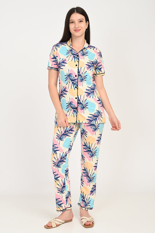 Anti Stain Cotton Leaf Pattern Pyjama-V2 Set