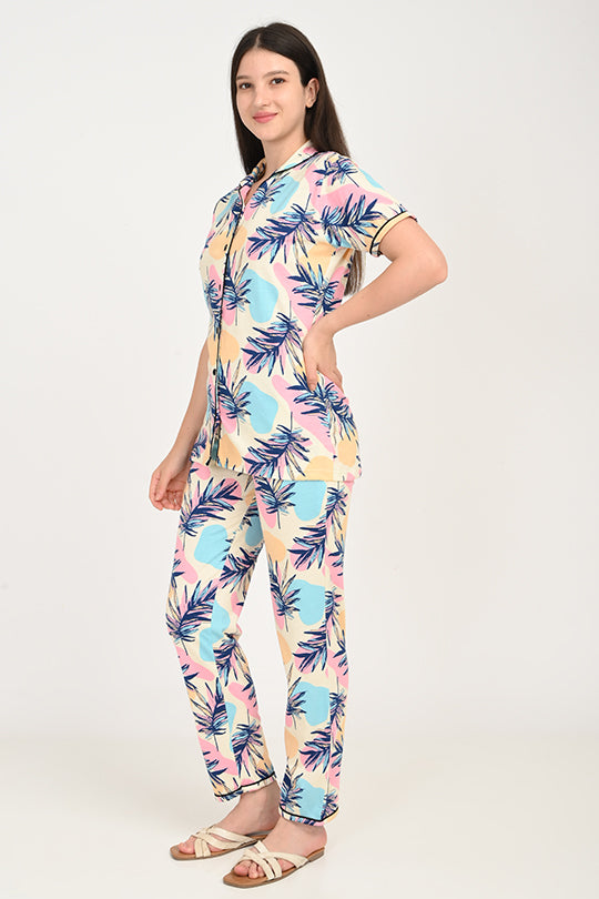 Anti Stain Cotton Leaf Pattern Pyjama-V2 Set