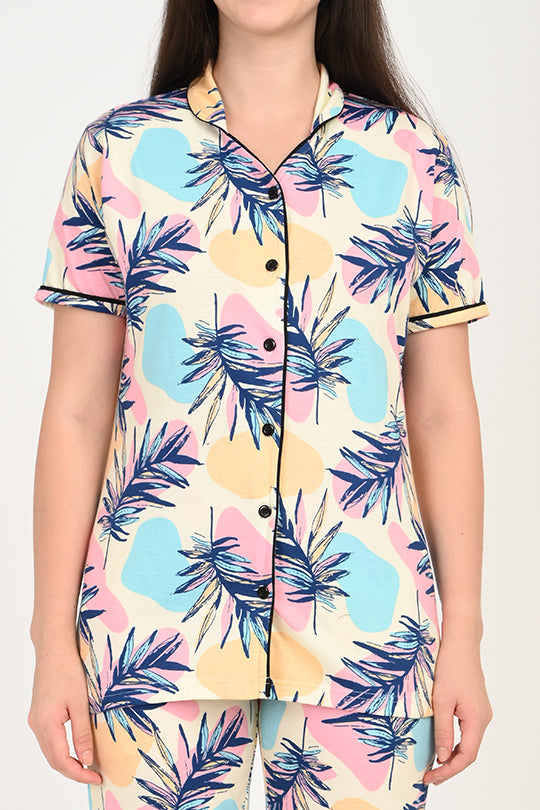 Anti Stain Cotton Leaf Pattern Pyjama-V2 Set