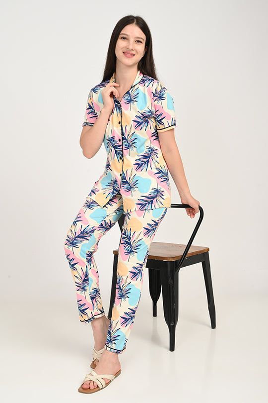 Anti Stain Cotton Leaf Pattern Pyjama-V2 Set