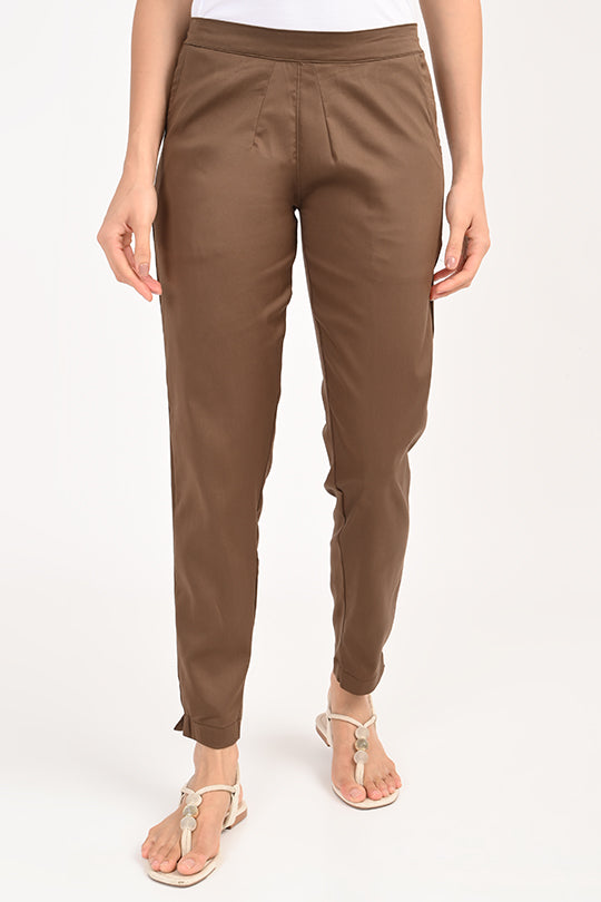 Stain Proof Brown Cotton Lycra Pant