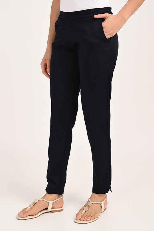 Stain Proof Navy Blue Cotton Lycra Pant