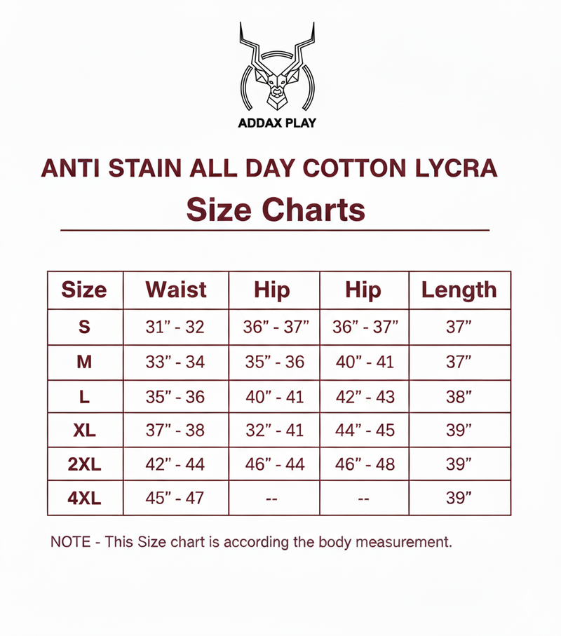 Size Chart for Stain Proof Cotton Lycra All Day Pant