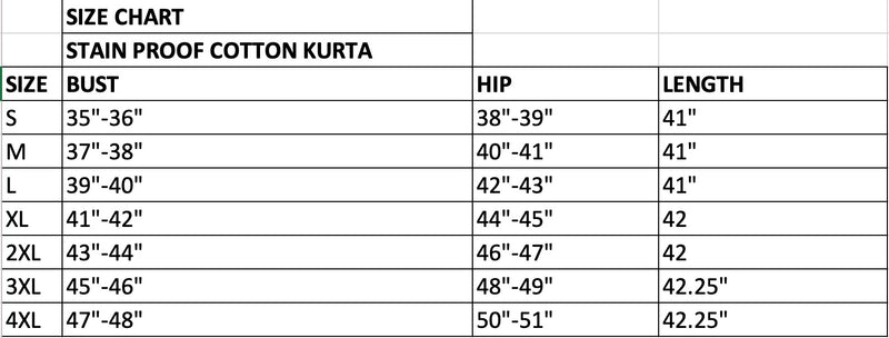 Size Chart for Stain proof Linen Long Cotton Kurtis