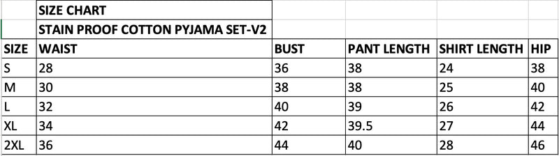 Size Chart for Stain Proof Cotton Pyjama set-V2