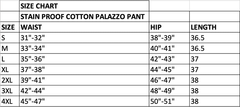 Size Chart for Stain Proof Cotton Palazzo Pant