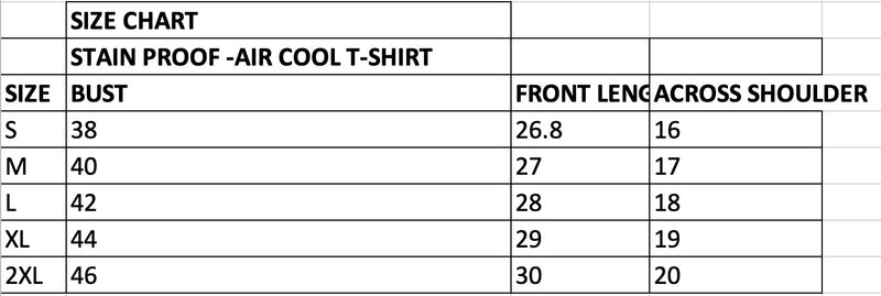 Size Chart for Stainproof Cotton Air T-Shirt