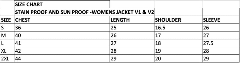 Size Chart for Stain Proof and Sun Proof Jacket