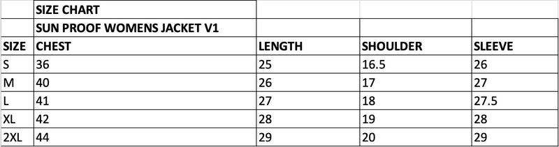 Size Chart for Women's Sun Proof Jacket