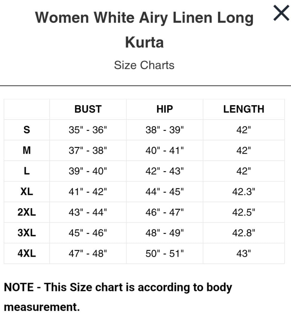 Size Chart for Stain proof Linen Long Cotton Kurthi