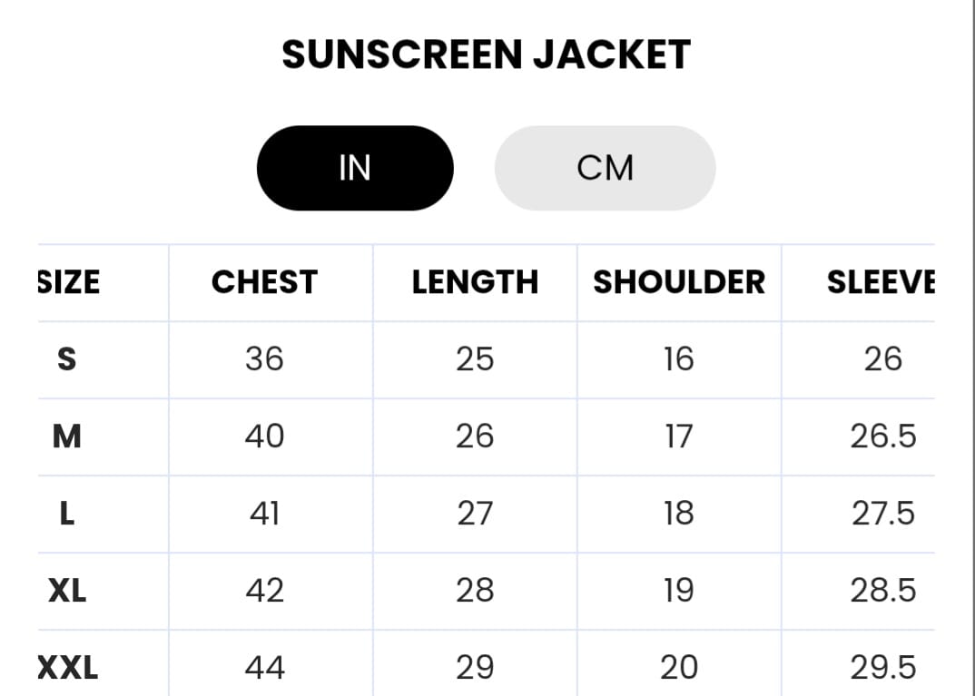 Size Chart for Sun Stain Proof Jacket