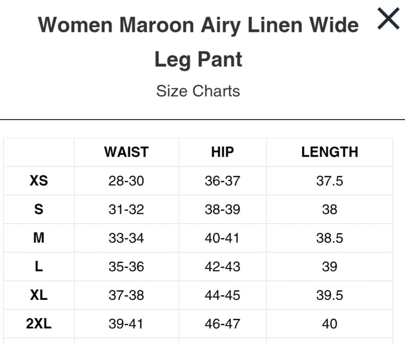 Size Chart for Stain proof Wide Leg Pants